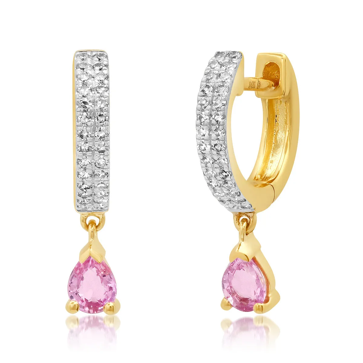 Diamond Huggie Hoops with Pink Sapphire Tear Drop