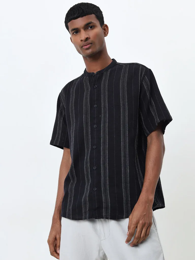 ETA Black Stripe Pattern Relaxed-Fit Cotton Shirt