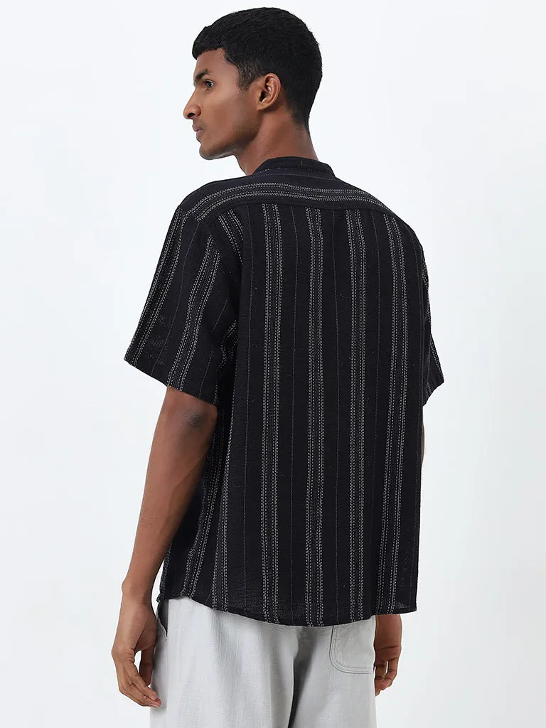 ETA Black Stripe Pattern Relaxed-Fit Cotton Shirt