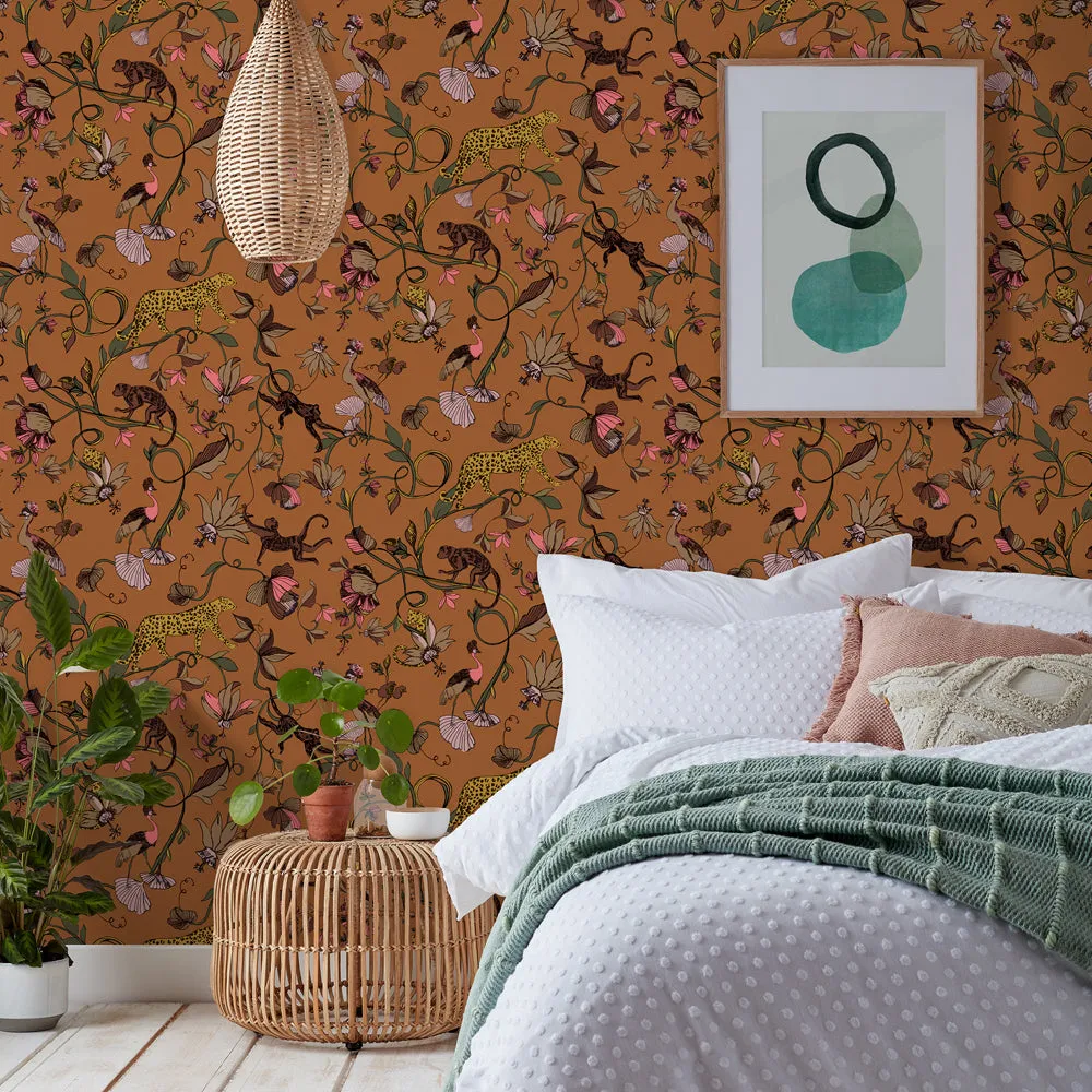 Exotic Wildlings Wallpaper Sample Warm Sienna