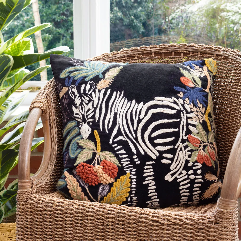 Exotic Zebra Embroidered Cushion Midnight