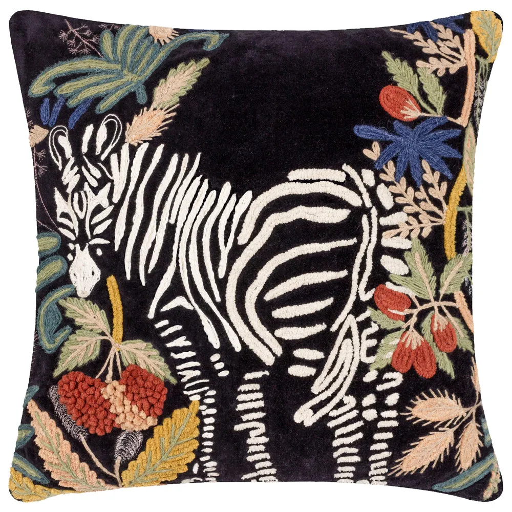 Exotic Zebra Embroidered Cushion Midnight