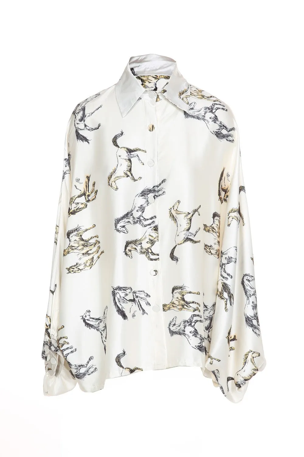 Fancy Horses Print Button Satin Shirt in White | Bourbon Cowgirl