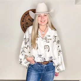 Fancy Horses Print Button Satin Shirt in White | Bourbon Cowgirl