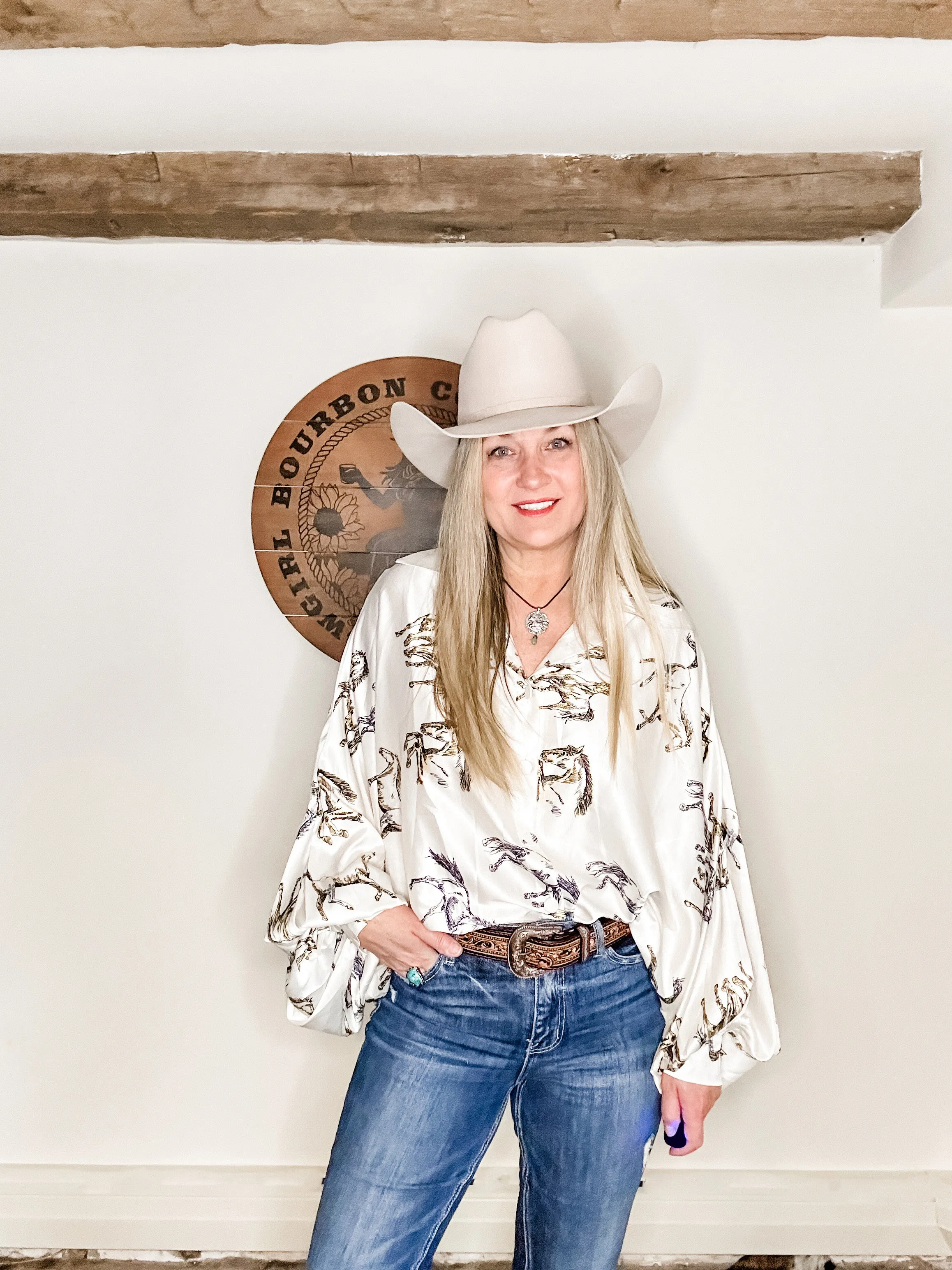 Fancy Horses Print Button Satin Shirt in White | Bourbon Cowgirl