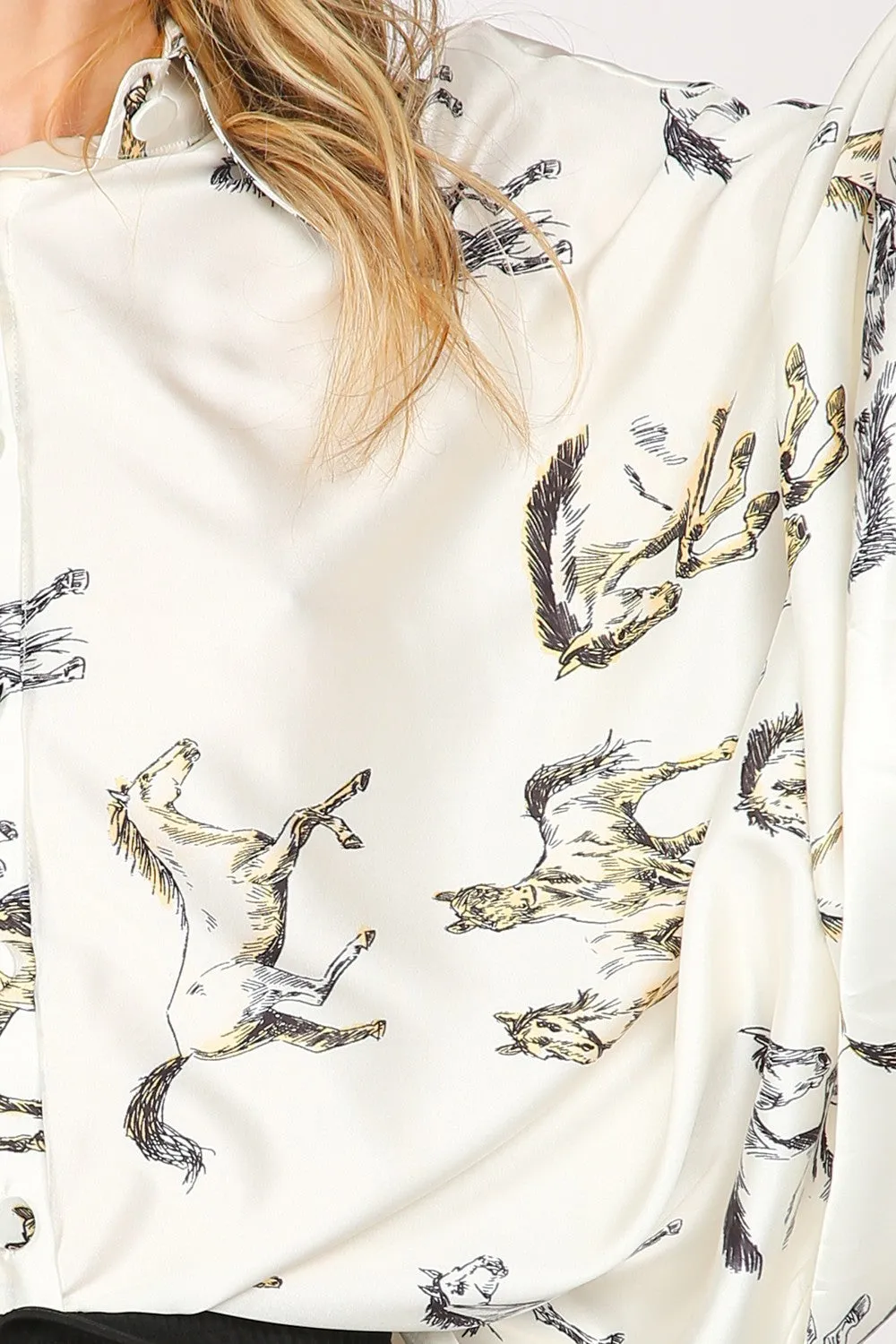 Fancy Horses Print Button Satin Shirt in White | Bourbon Cowgirl