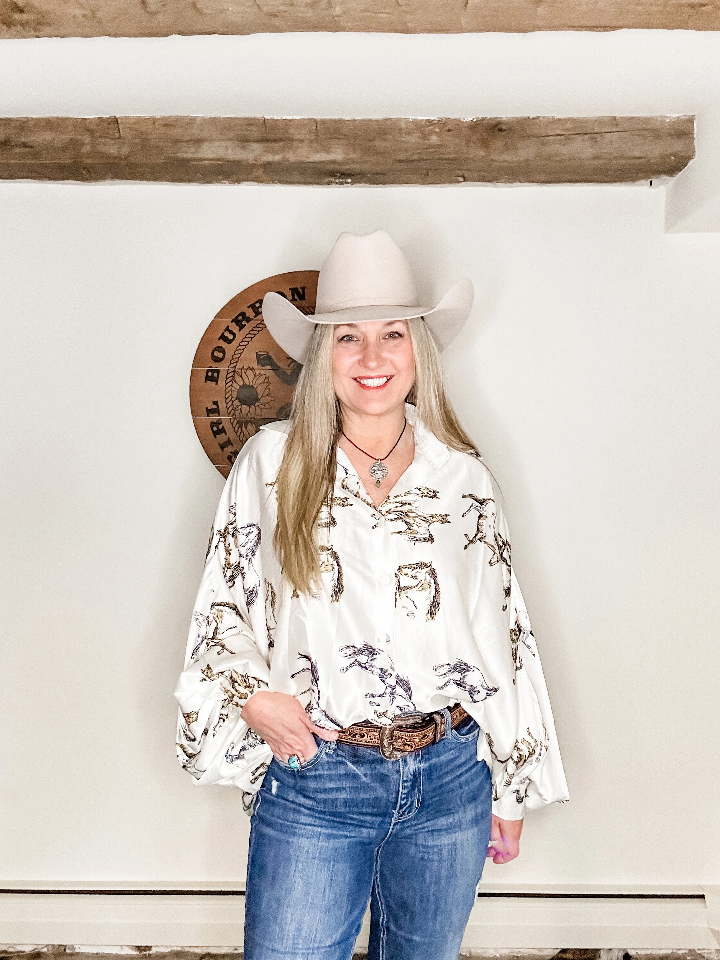 Fancy Horses Print Button Satin Shirt in White | Bourbon Cowgirl