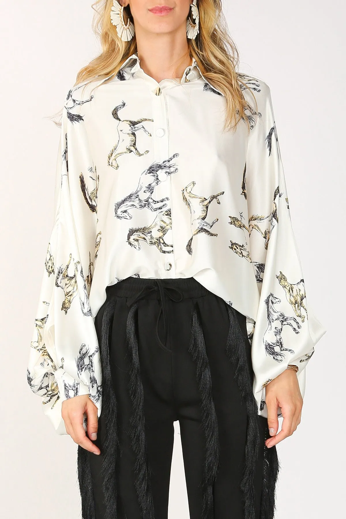 Fancy Horses Print Button Satin Shirt in White | Bourbon Cowgirl