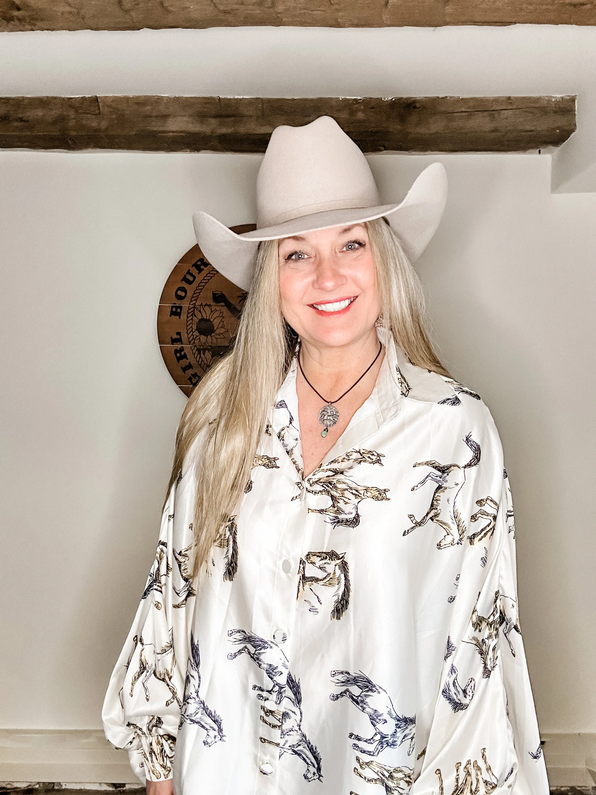 Fancy Horses Print Button Satin Shirt in White | Bourbon Cowgirl