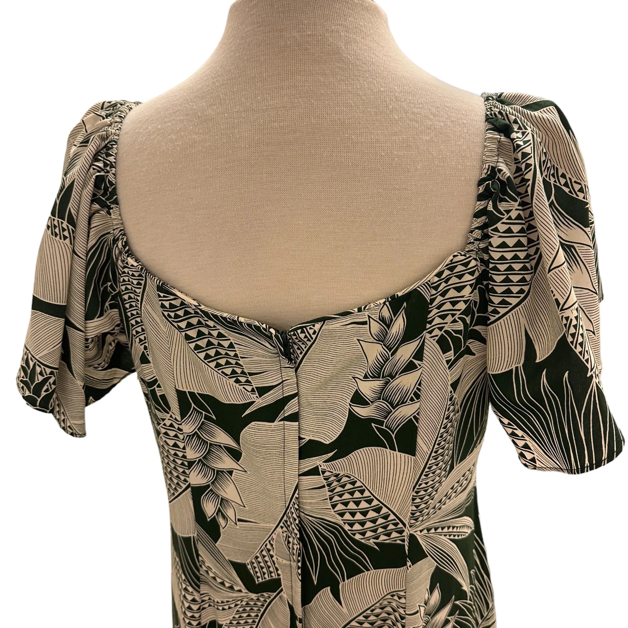 Flare Sleeve  Hawaiian plants Print Rayon Dress - khaki　2869