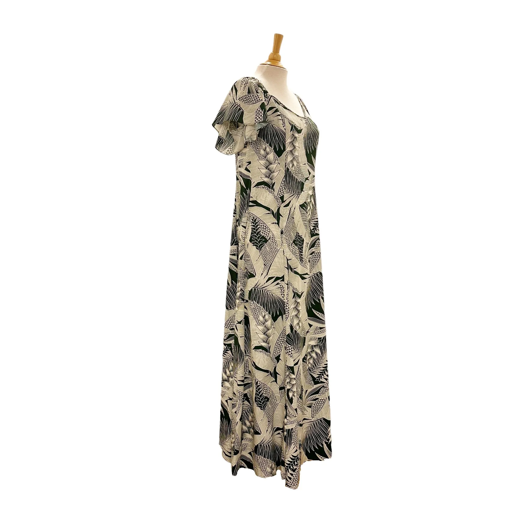 Flare Sleeve  Hawaiian plants Print Rayon Dress - khaki　2869