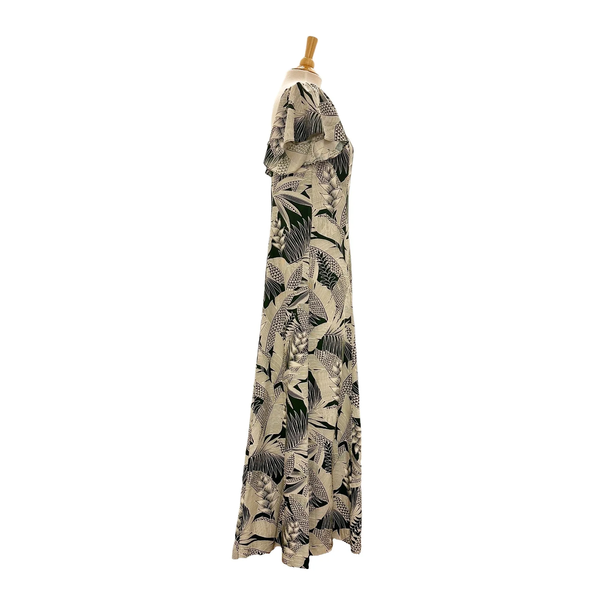 Flare Sleeve  Hawaiian plants Print Rayon Dress - khaki　2869