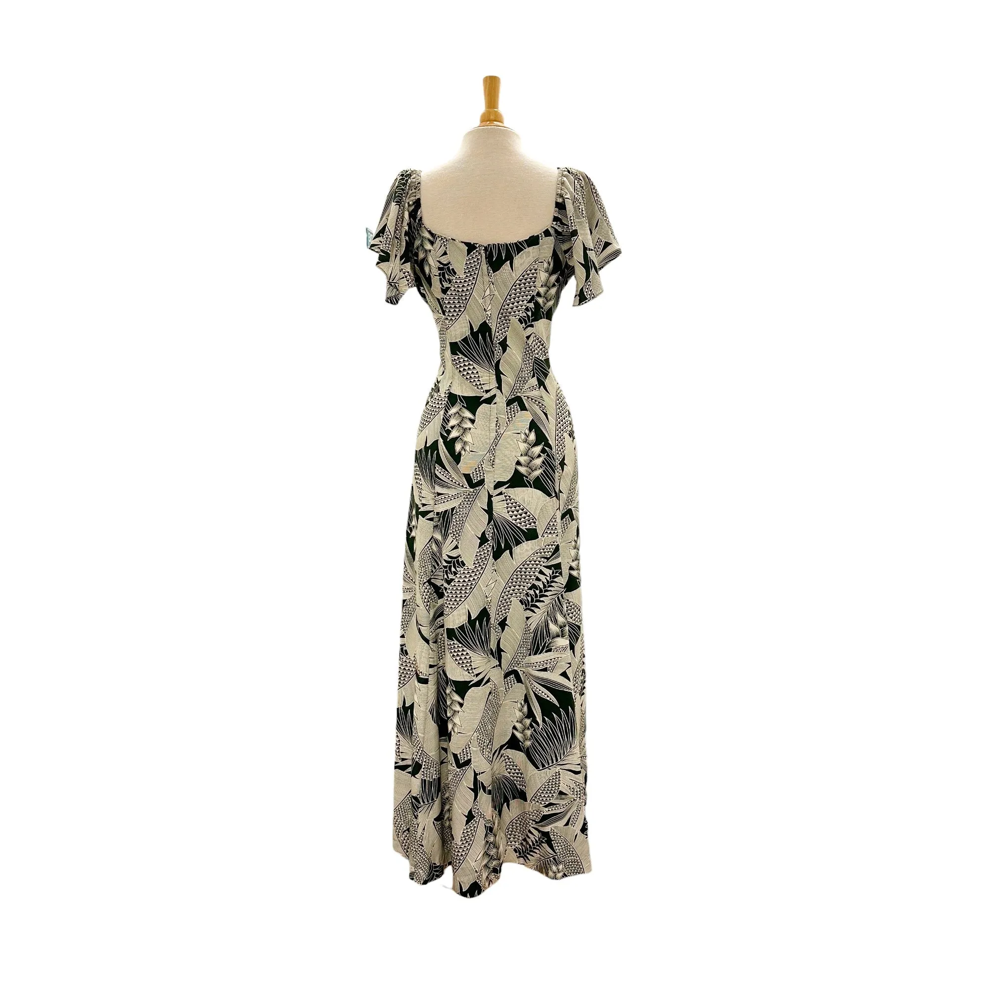 Flare Sleeve  Hawaiian plants Print Rayon Dress - khaki　2869