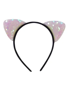 Flip Sequin White Cat Girls Headband Ears, Kid or Adult Size Costume Accessories