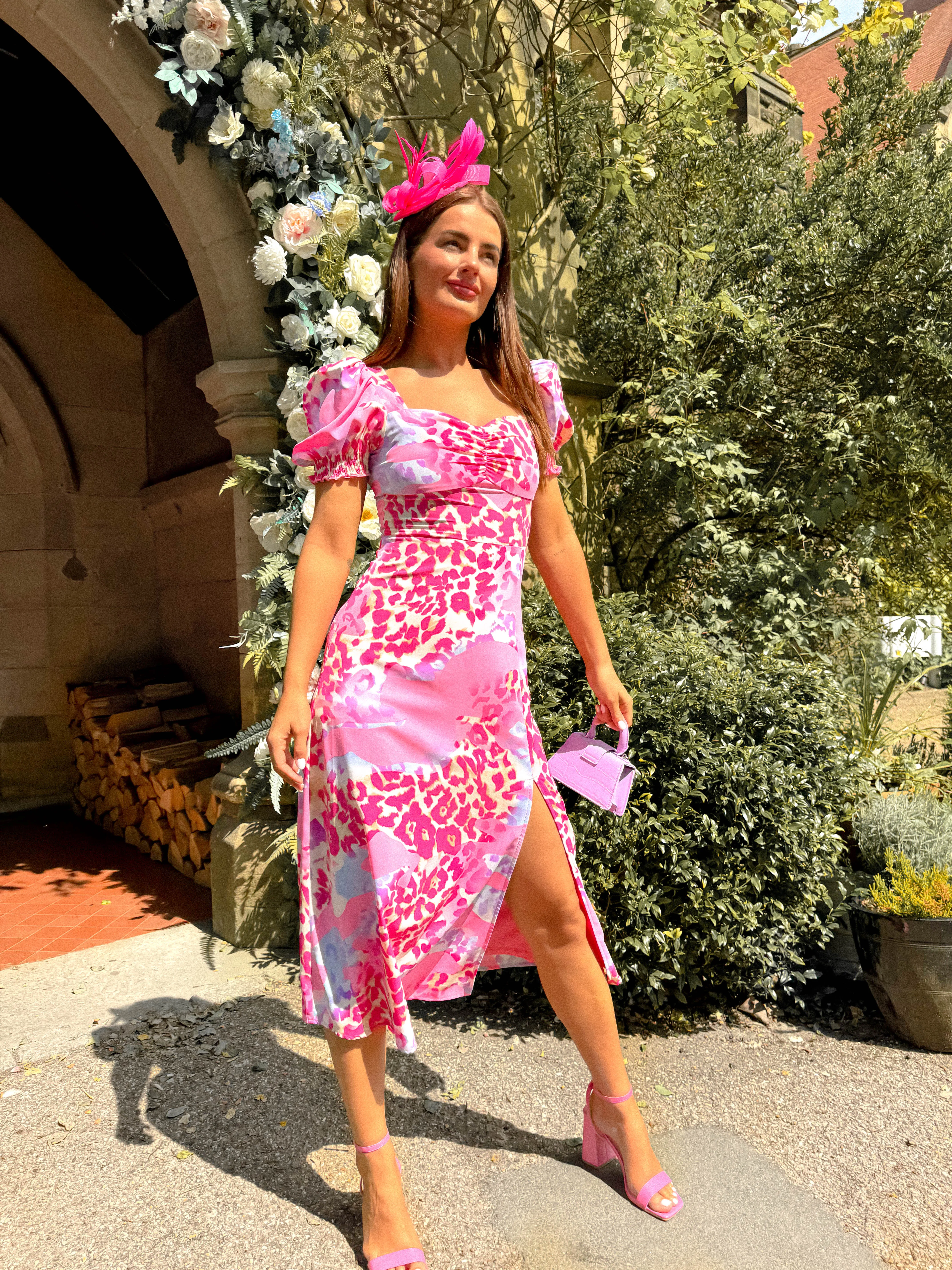 Floral Frenzy - Fuchsia Lilac Leopard Print Midi Dress