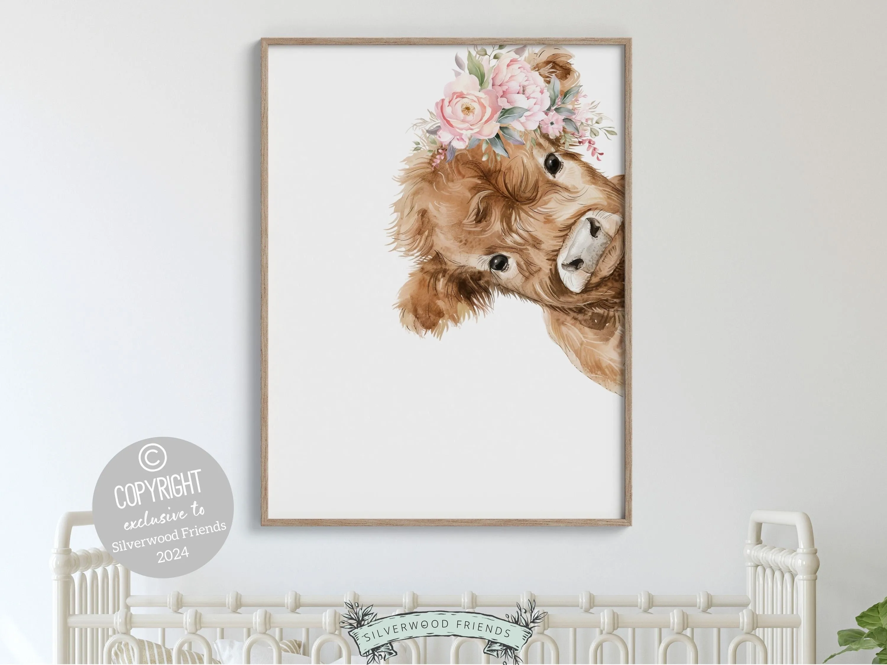 Floral Highland Cow Nursery Print - 003