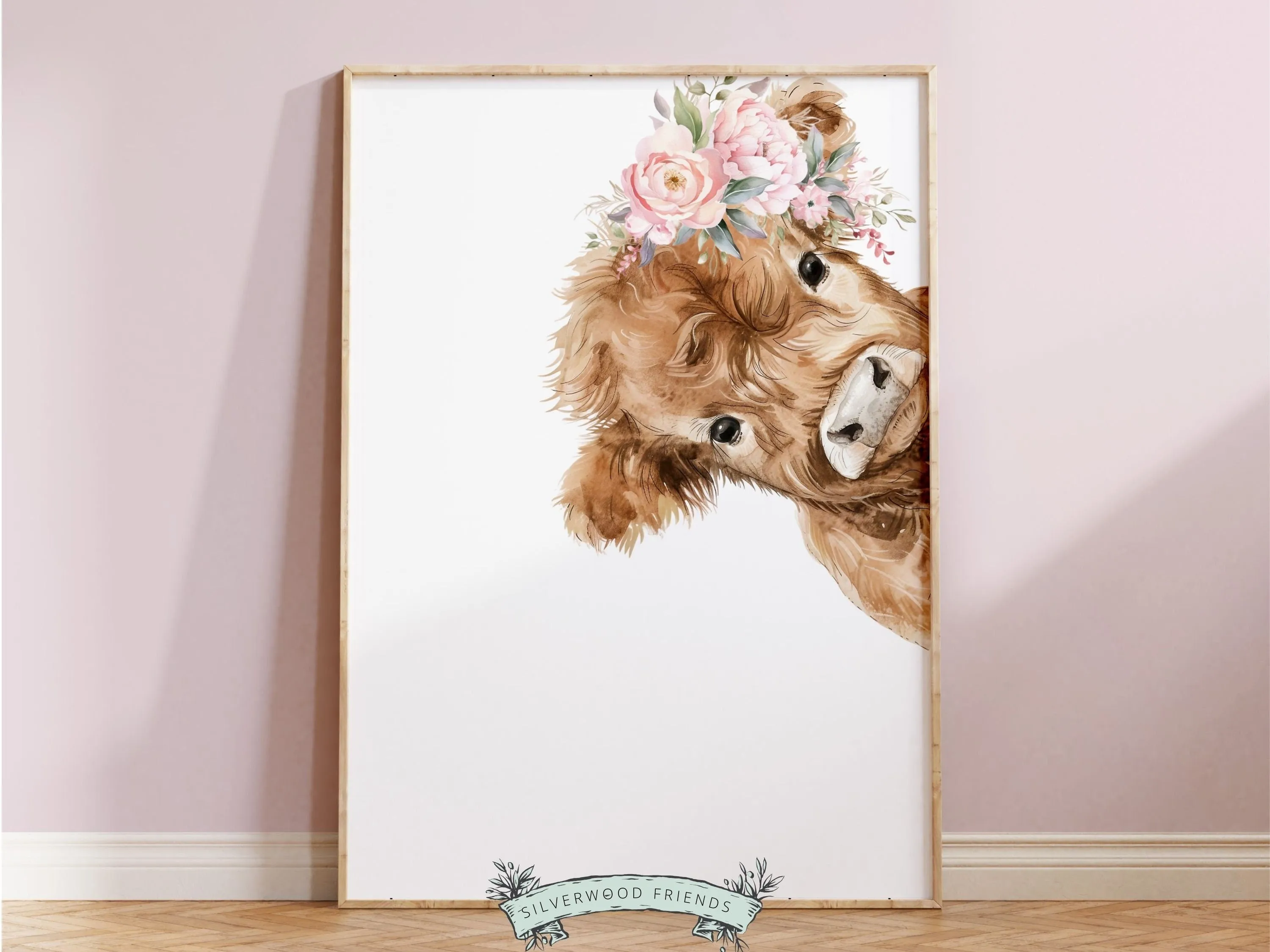 Floral Highland Cow Nursery Print - 003