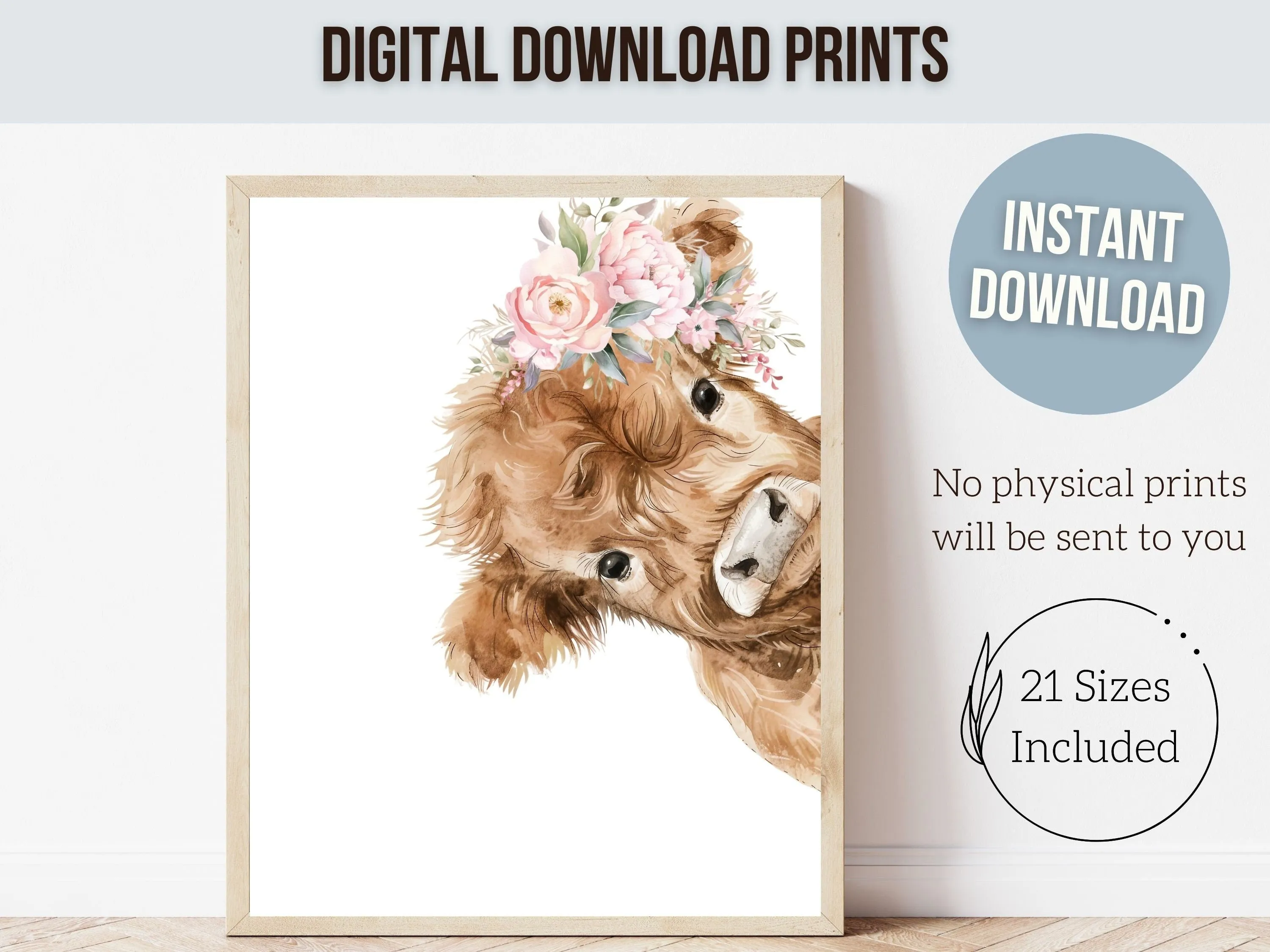 Floral Highland Cow Nursery Print - 003