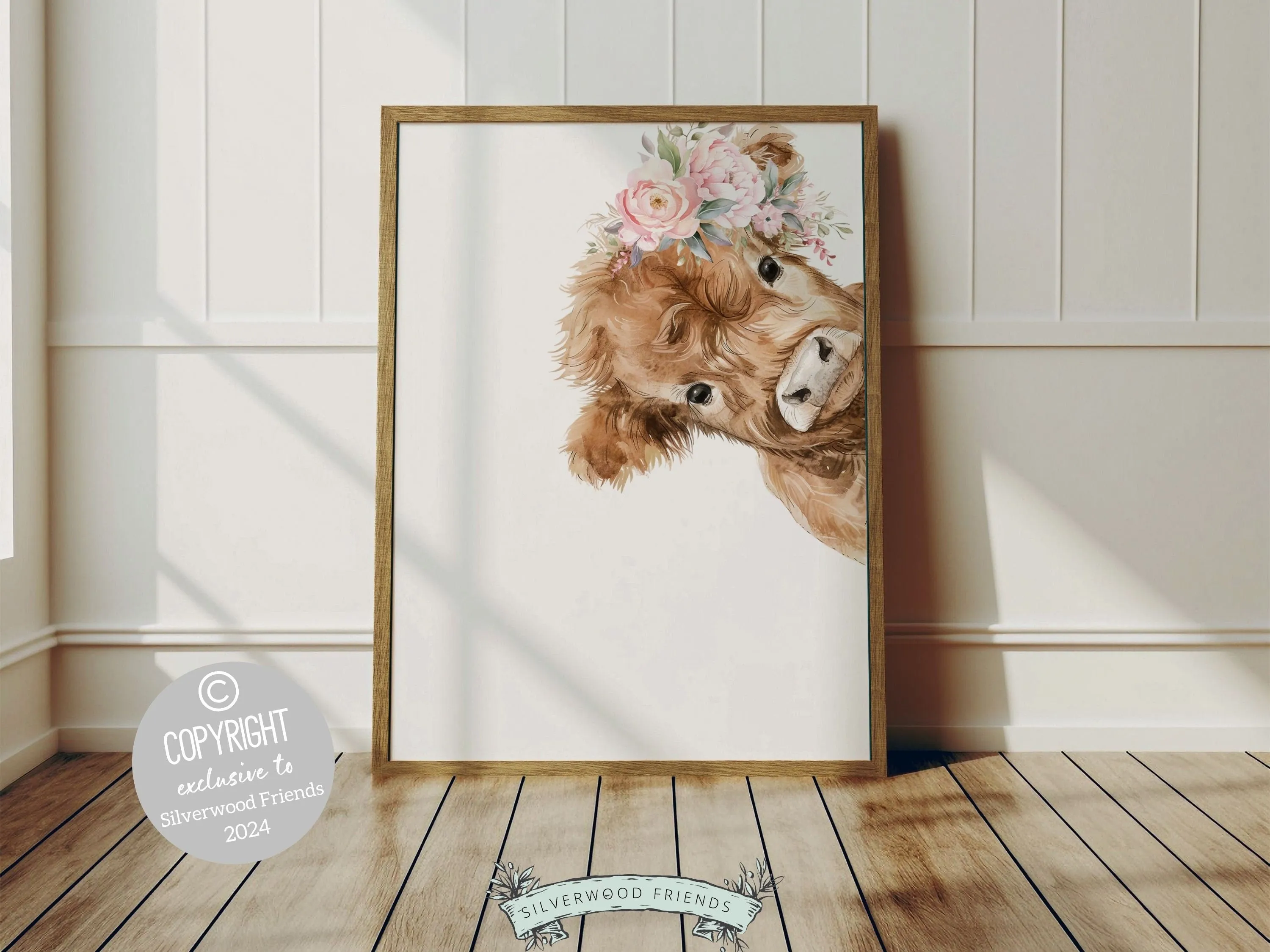 Floral Highland Cow Nursery Print - 003