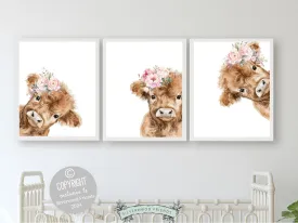 Floral Highland Cow Nursery Print