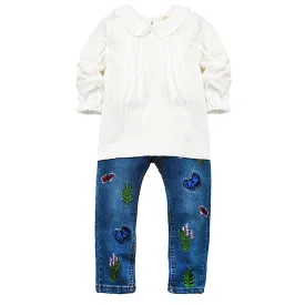 Girls White Knitted Pullover Embroidery Jeans Pants Set