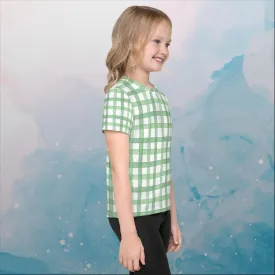 Green Gingham Print Kids Crew Neck Tee Shirt