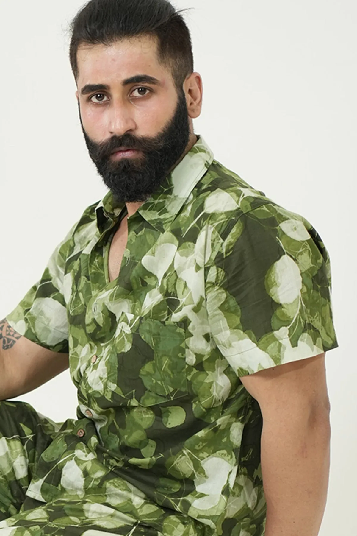 Green Shirt with Leaves Print, Half Sleeves | Style Matters