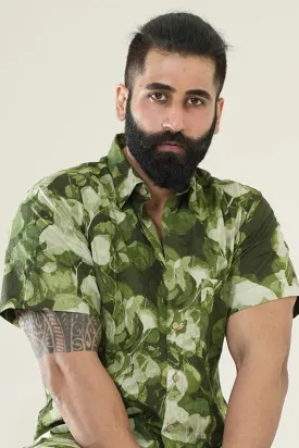 Green Shirt with Leaves Print, Half Sleeves | Style Matters