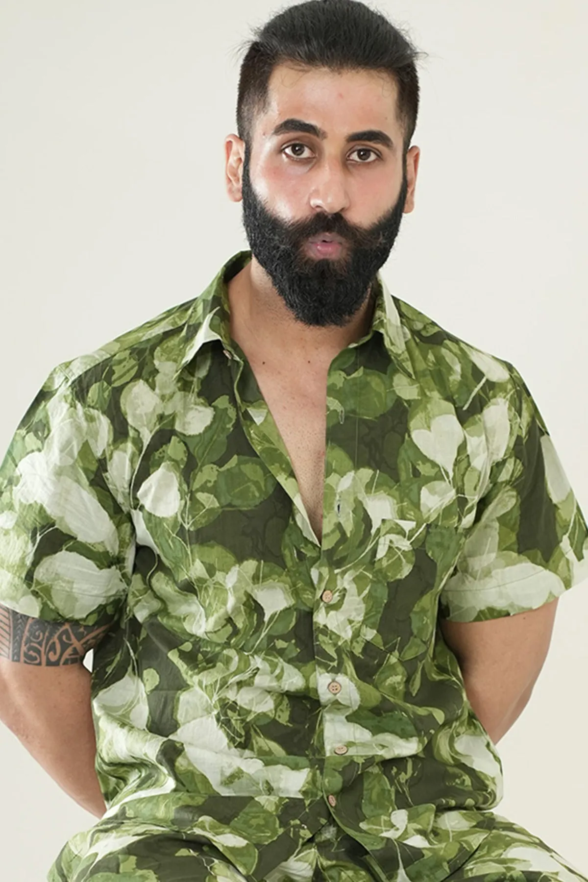 Green Shirt with Leaves Print, Half Sleeves | Style Matters