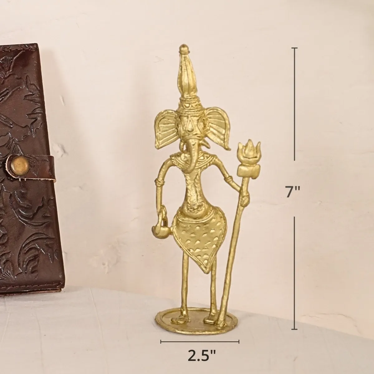 Handmade Leather Journal in Dark Brown (Small) and Dhokra Metal Handmade Ganesha Showpiece | Rakshabandhan Gift | Handmade in India