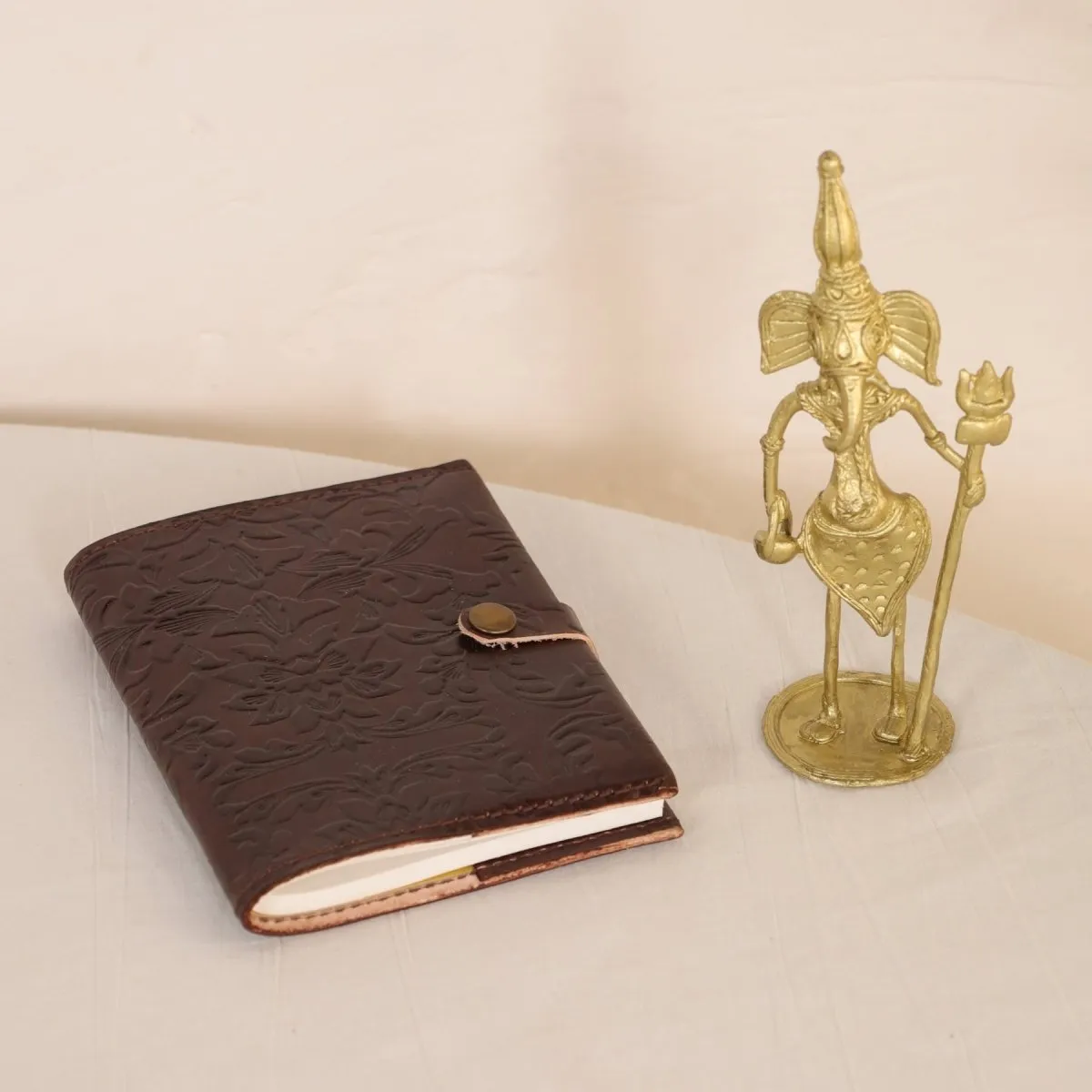 Handmade Leather Journal in Dark Brown (Small) and Dhokra Metal Handmade Ganesha Showpiece | Rakshabandhan Gift | Handmade in India