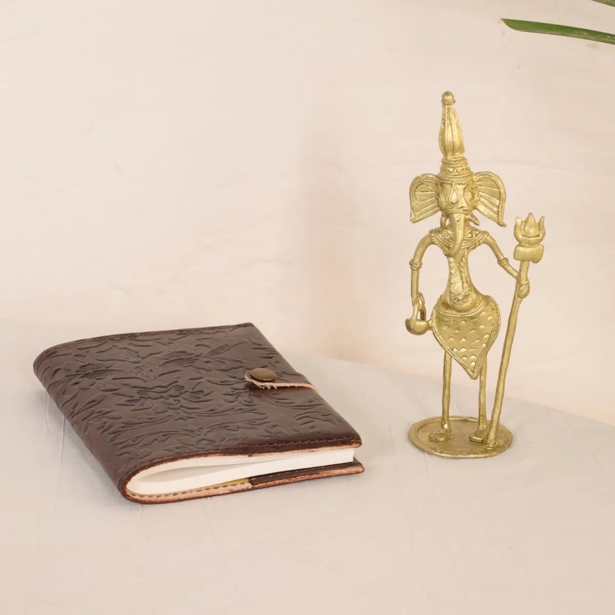 Handmade Leather Journal in Dark Brown (Small) and Dhokra Metal Handmade Ganesha Showpiece | Rakshabandhan Gift | Handmade in India