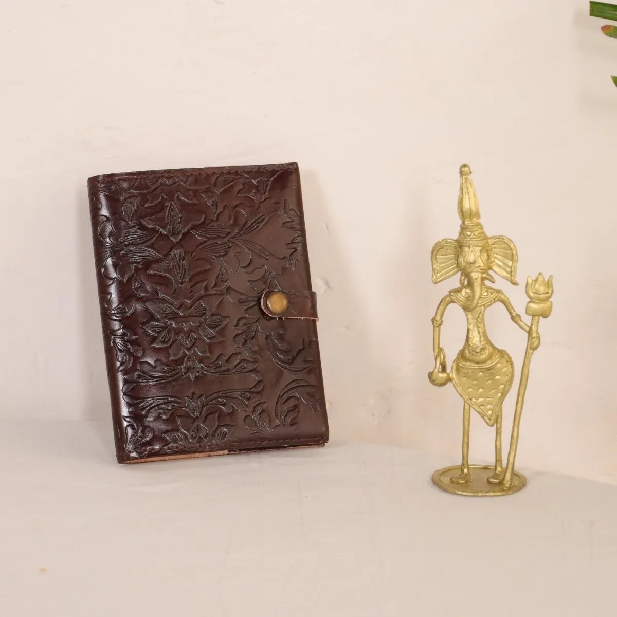 Handmade Leather Journal in Dark Brown (Small) and Dhokra Metal Handmade Ganesha Showpiece | Rakshabandhan Gift | Handmade in India