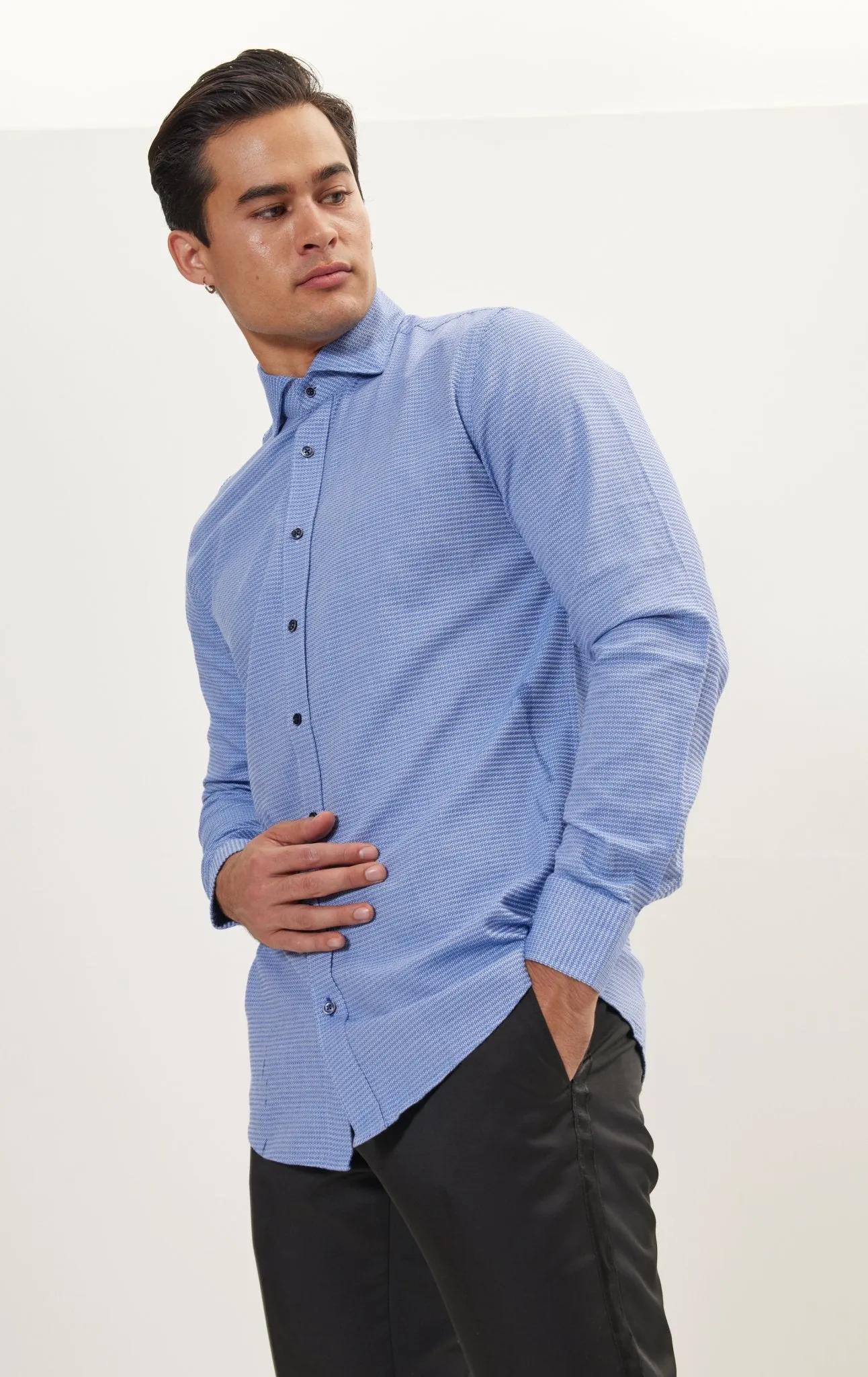 Jacquard Cotton Tonal Button Dress Shirt - Blue