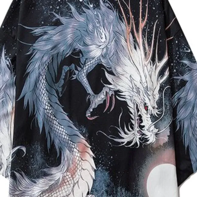 Japanese White Black Dragon Beast Yukata Cardigan Kimono