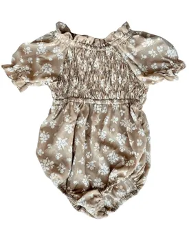 Jolie Puff Sleeve Smock Romper - Light Khaki Floral