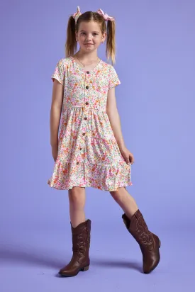 Kids Pink Floral Button Front Scrunchy Dress