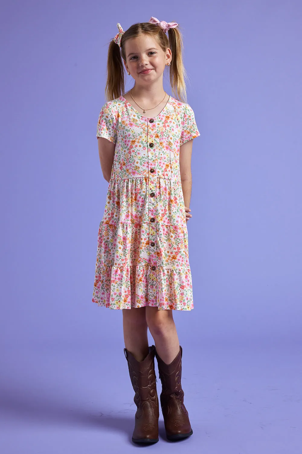 Kids Pink Floral Button Front Scrunchy Dress