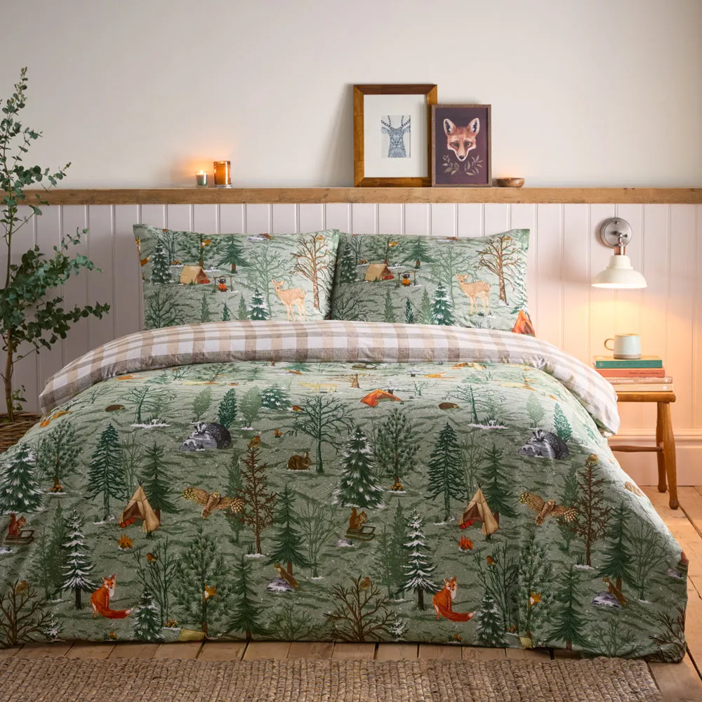 Lodge Wood 100% Brushed Cotton Duvet Cover Set Oak Green