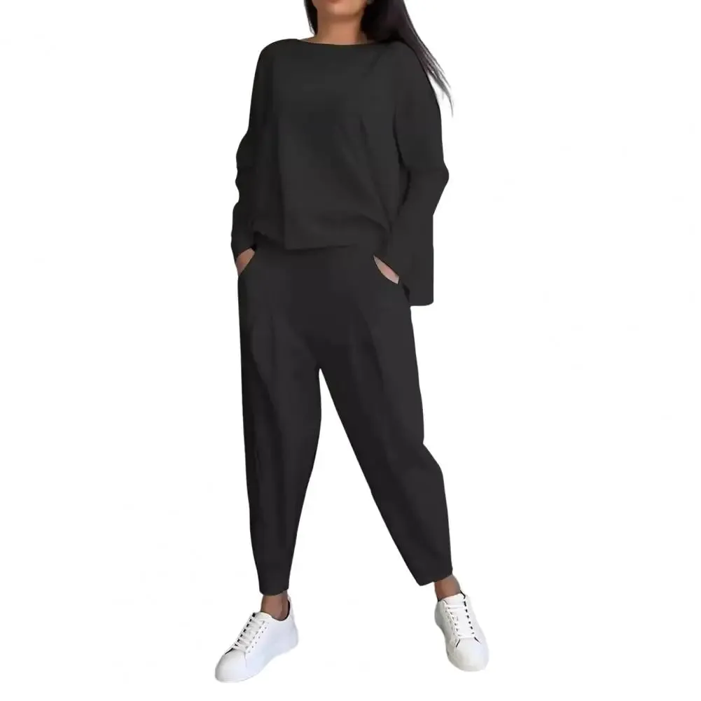 LVSANW 2 Pcs/Set Women Outfit Top Pants Set Long Sleeves T-shirt Elastic Waist Harem Trousers with Pockets Sport Pantsuit Outfit