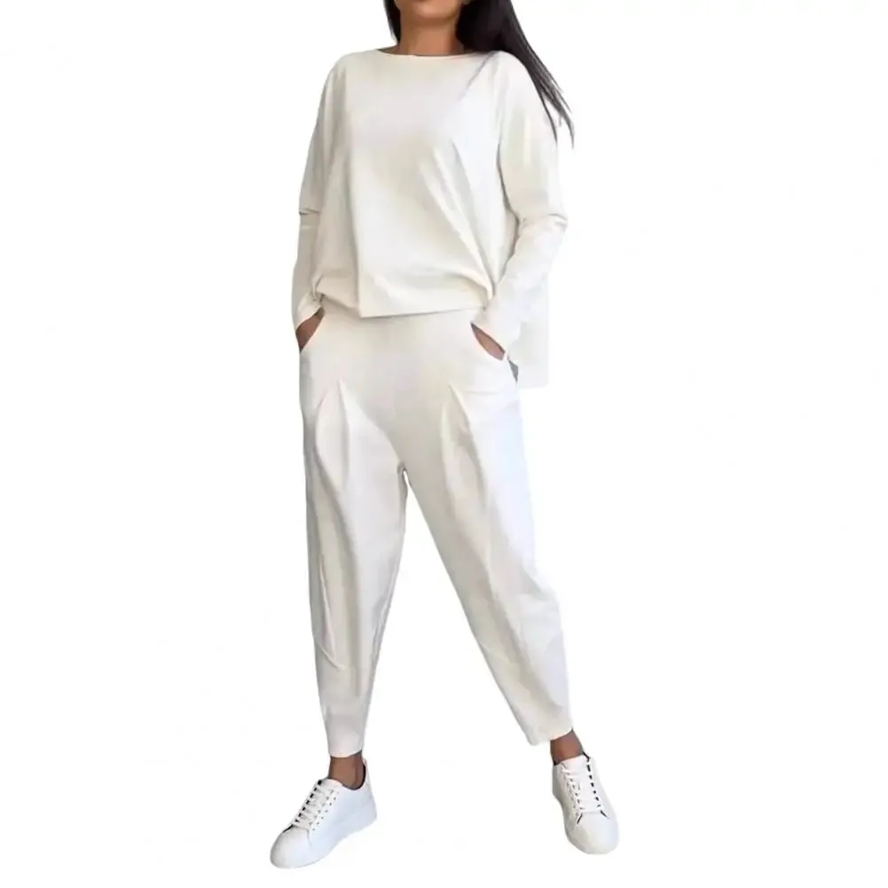 LVSANW 2 Pcs/Set Women Outfit Top Pants Set Long Sleeves T-shirt Elastic Waist Harem Trousers with Pockets Sport Pantsuit Outfit