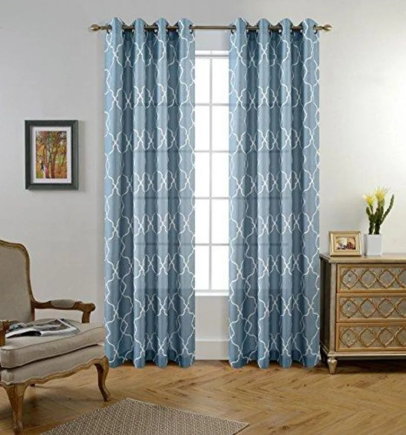 Moroccan Embroidered Semi Sheer Curtains Faux Linen Grommet Curtain Set for Bedroom 52 x 95 Inch, Dusty Blue