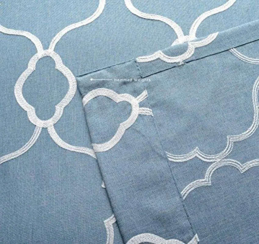 Moroccan Embroidered Semi Sheer Curtains Faux Linen Grommet Curtain Set for Bedroom 52 x 95 Inch, Dusty Blue