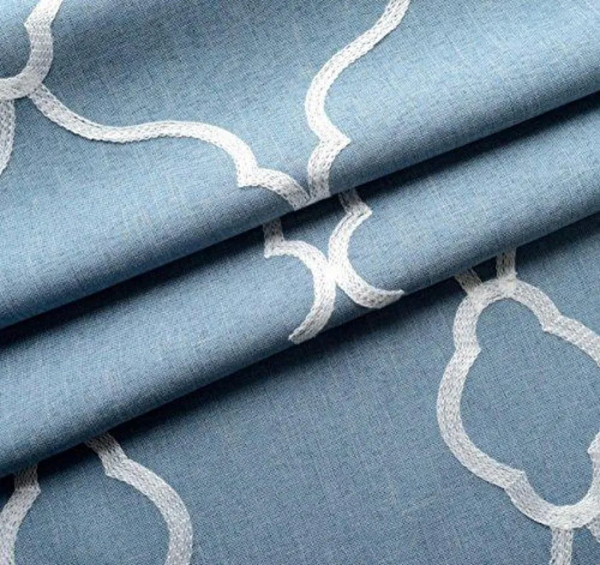 Moroccan Embroidered Semi Sheer Curtains Faux Linen Grommet Curtain Set for Bedroom 52 x 95 Inch, Dusty Blue