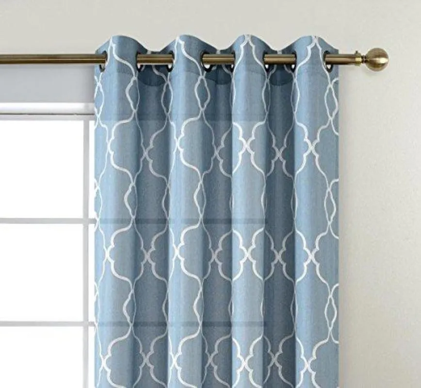 Moroccan Embroidered Semi Sheer Curtains Faux Linen Grommet Curtain Set for Bedroom 52 x 95 Inch, Dusty Blue