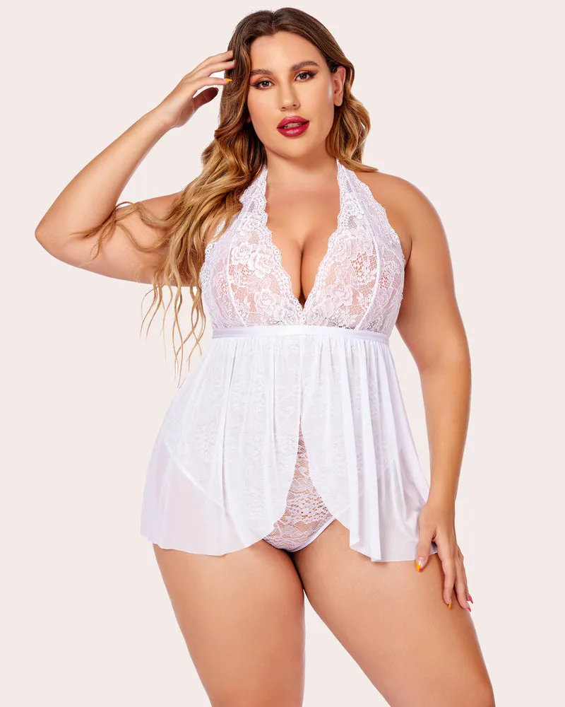 Plus Size Halter Babydoll Snap Crotch Lace Nighty