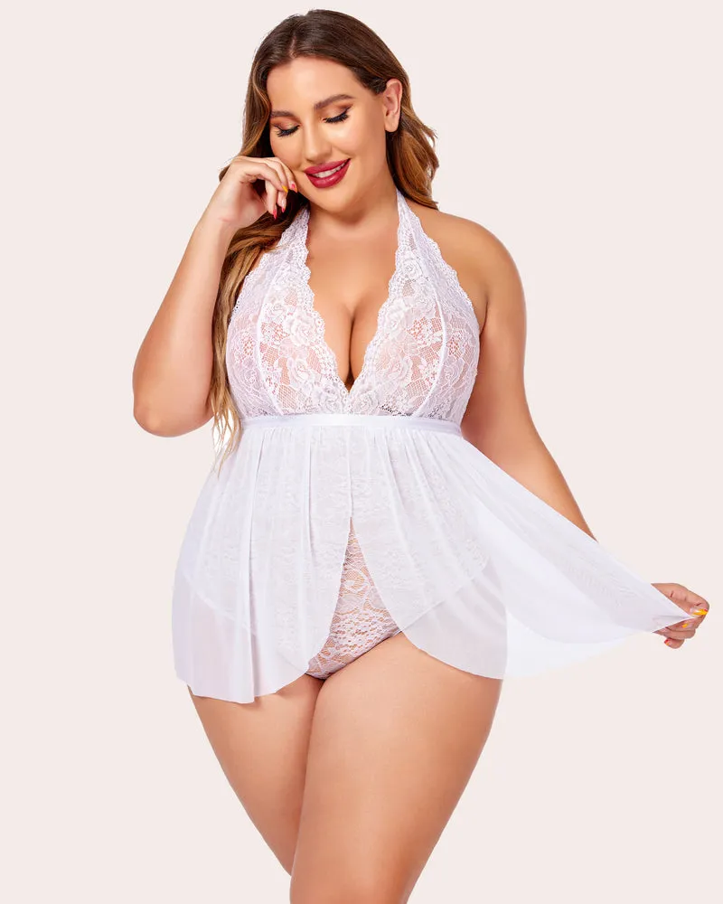 Plus Size Halter Babydoll Snap Crotch Lace Nighty