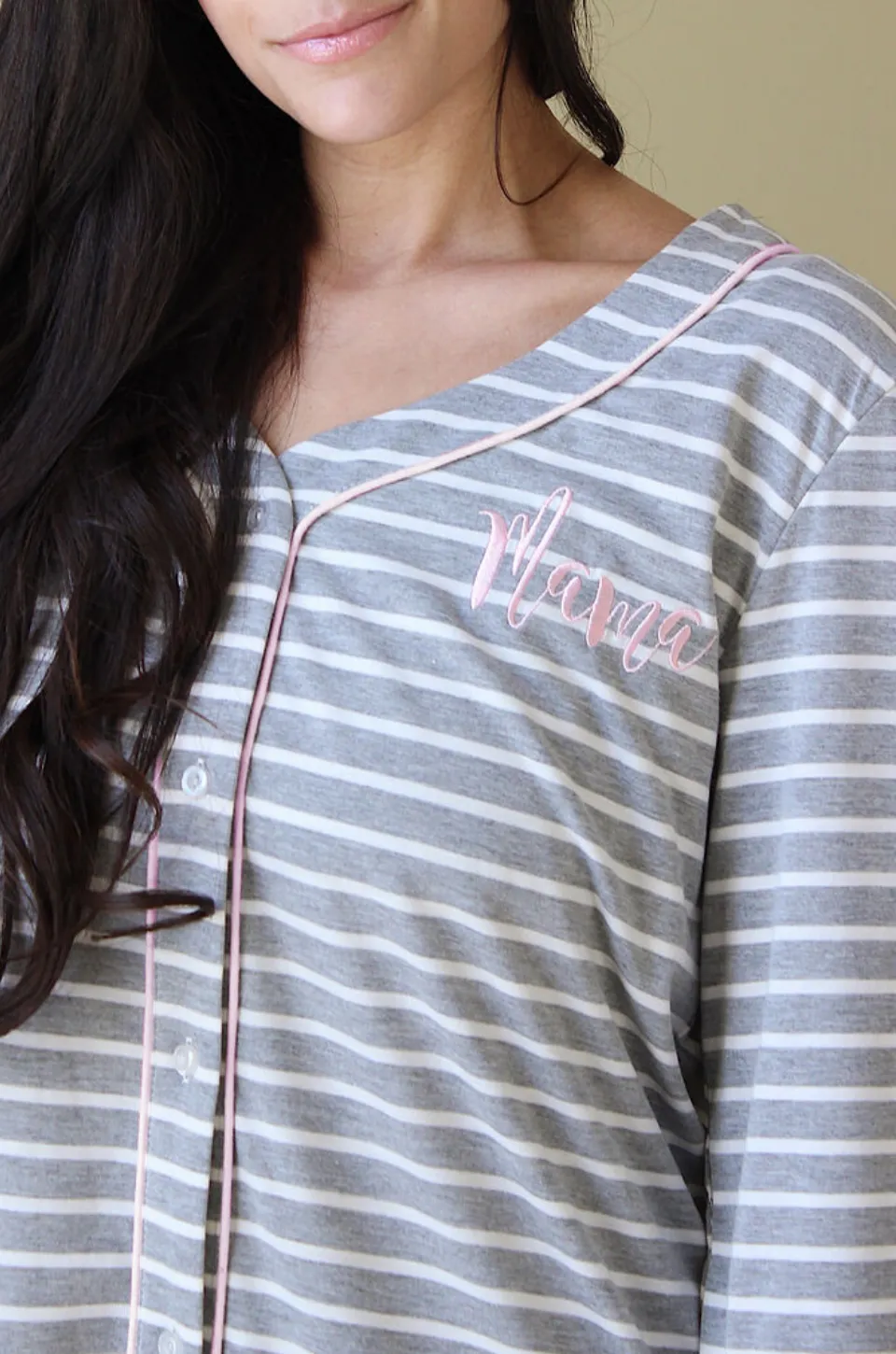 "MAMA" Nursing Pajamas- Striped Henley Sleep Shirt