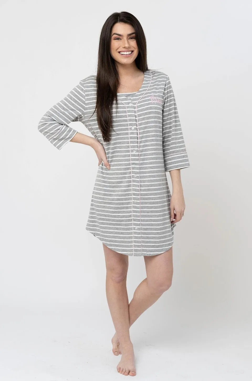 "MAMA" Nursing Pajamas- Striped Henley Sleep Shirt