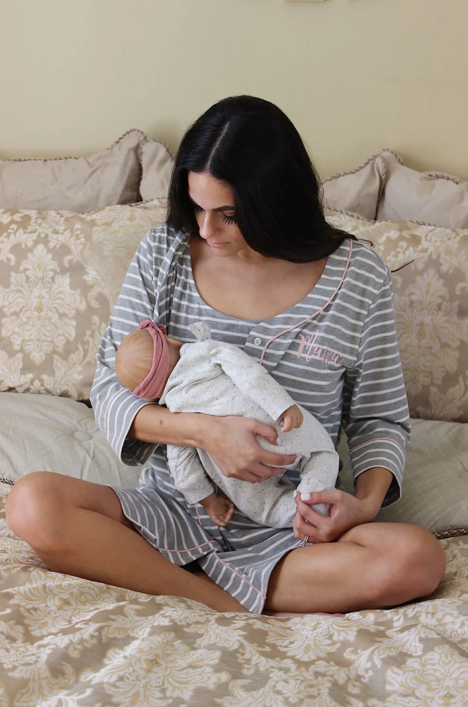 "MAMA" Nursing Pajamas- Striped Henley Sleep Shirt